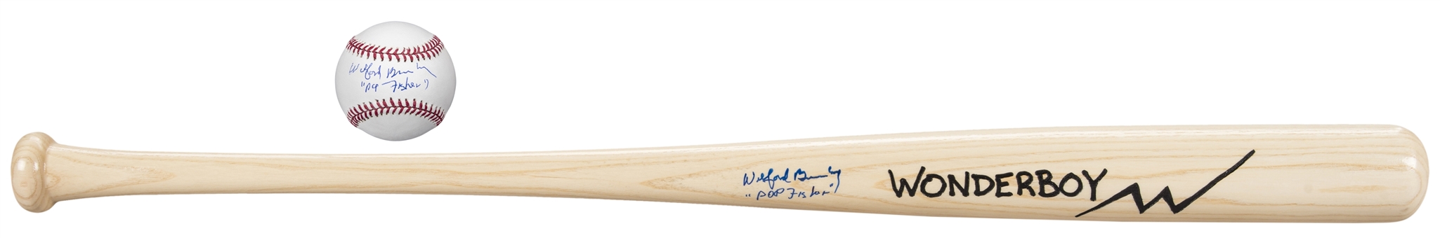 Lot of (2) Wilford Brimley Signed & "Pop Fisher" Inscribed Wonderboy Bat and OML Manfred Baseball (JSA)